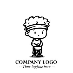 Black and White Chibi Boy Illustration with Jacket and Boots in Bold Thick Line Art Minimal Style
