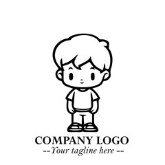 Black and White Chibi Boy Illustration with Jacket and Boots in Bold Thick Line Art Minimal Style
