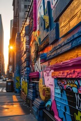 Fototapeta premium AI Generative. Vibrant 3D Graffiti Wall Art on City Street at Sunset. 2