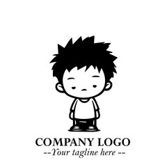 Black and White Chibi Boy Illustration with Jacket and Boots in Bold Thick Line Art Minimal Style
