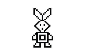 Pixelated black stylized rabbit on white background, icon