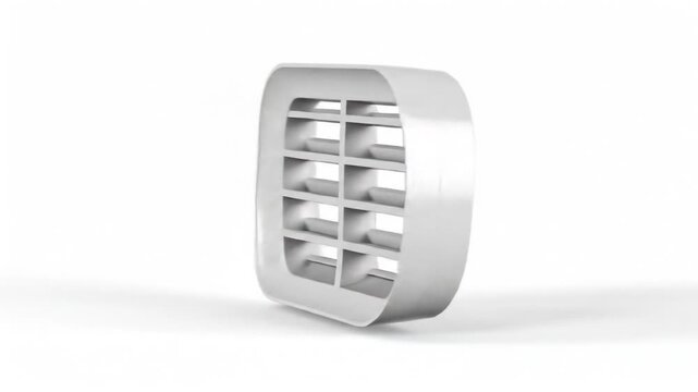 A white, rounded rectangular vent with horizontal slats, casting a subtle shadow on a white surface