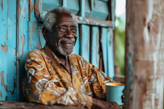 Elderly man enjoys warm drink while relaxing on a wooden porch surrounded by vibrant blue walls in a tropical setting on a sunny day