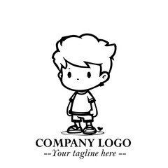 Black and White Chibi Boy Illustration with Jacket and Boots in Bold Thick Line Art Minimal Style
