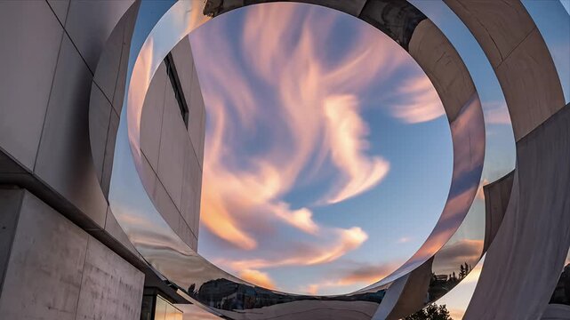 Mesmerizing Abstract Reflective Sculpture Framing Vibrant Sunset Clouds Modern Architectural Masterpiece with Unique Curved Lines and Dynamic Sky View
