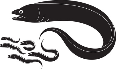 Long snake like eel marine animal silhouette and five small eels swimming vector illustration