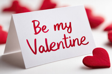 Handwritten be my valentine card with heart decorations for valentine's day celebration on white background