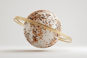 Colorful spherical model with rings showcasing a creative design of a planet, featuring a blend of white, brown, and black material