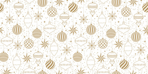 Hand-drawn Christmas seamless pattern with balls and stars on a white background. Vector illustration for gift wrapping paper, fabric, clothing, textiles, surface textures, and scrapbooks.