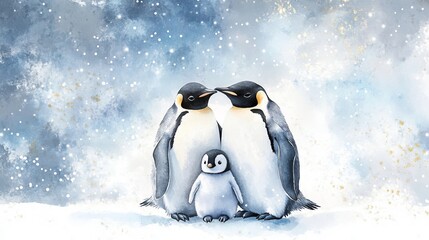 Two penguins show affection while standing closely together with their fluffy chick in a snowy landscape during the winter season
