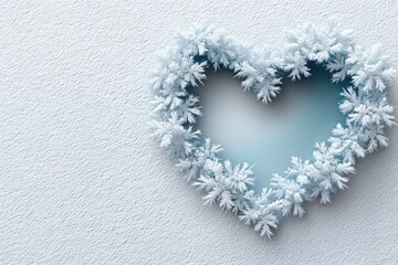 Heart shaped snowflake pattern on frosted window with white background for winter decoration designs
