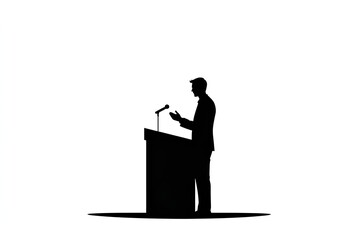 Silhouette of a man making a speech at a podium isolated on white background 