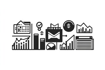 Business analytics and finance icons set in black and white