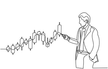 Continuous line illustration of a businessperson analyzing a candlestick chart. Financial market concept showing stock or crypto trading graph, investment strategy, and technical analysis.