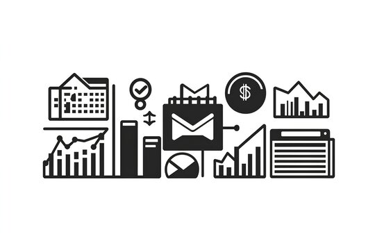 Business analytics and finance icons set in black and white