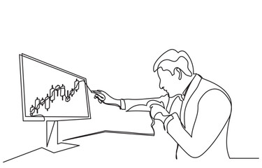 Continuous drawing of a businessman pointing at a computer monitor displaying a financial candlestick chart. Concept of a trader analyzing stock market data, forex, and investment. Vector illustration