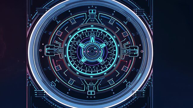 Opening holographic interface spinning rings around star hub in digital void, with neon tracers