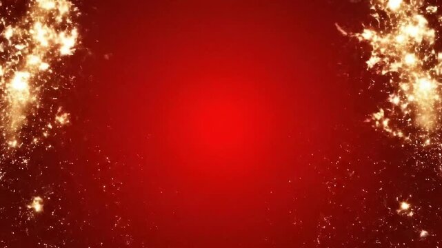 Golden fireworks show on red background. New year's eve fireworks celebration. Chinese New Year design. Concept for holiday. Copy space