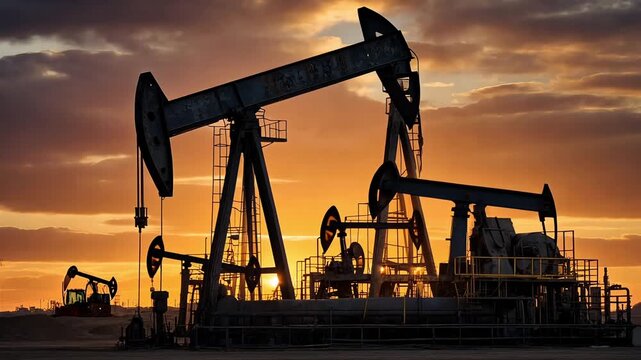 Oil pumps petroleum industry energy fossil fuel extraction drilling machinery sunset silhouette environment production economy resource investment