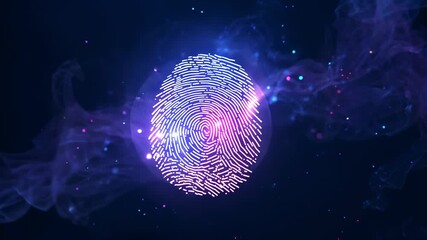 Fading fingerprint initiating scanning while smoke drifting, particles flickering and ring rotating - Powered by Adobe