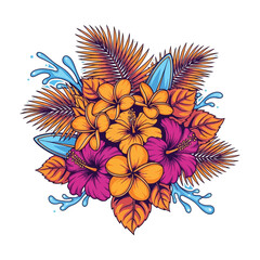 A vibrant summer paradise composition of tropical hibiscus and plumeria flowers, surrounded by palm leaves, water splashes, and surfboards © fachri