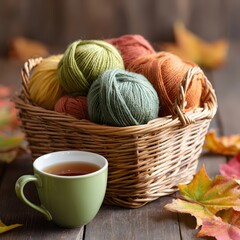 Cozy autumn still life with basket of colorful yarn balls and cup of tea on rustic wooden table with maple leaves, warm fall concept