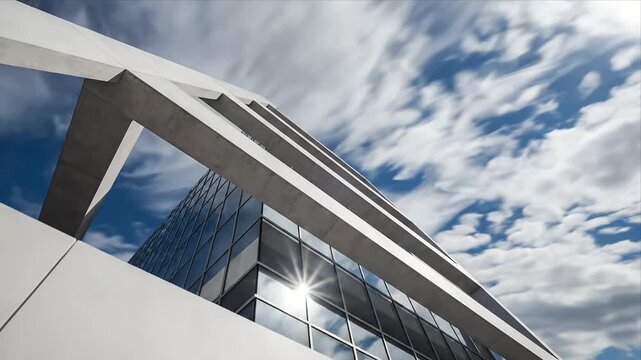 Dynamic Modern Skyscraper Architecture Featuring Reflective Glass Facade Under a Streaky Blue Sky with White Clouds Upward Geometric View