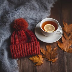 Red knitted hat, tea with lemon, and dried maple leaves on wooden surface, evoking autumn comfort, seasonal rituals, and cozy warmth