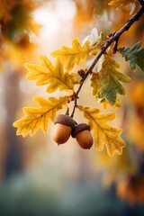 Autumn oak branch with golden yellow leaves and acorns close up on soft blurred background, fall season nature macro photography