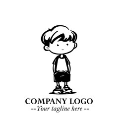 Black and White Chibi Boy Illustration with Jacket and Boots in Bold Thick Line Art Minimal Style
