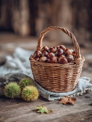 Rustic wicker basket full of fresh chestnuts on wooden table with autumn leaves and chestnut burrs, cozy fall harvest still life photo