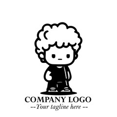 Black and White Chibi Boy Illustration with Jacket and Boots in Bold Thick Line Art Minimal Style
