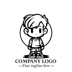 Black and White Chibi Boy Illustration with Jacket and Boots in Bold Thick Line Art Minimal Style
