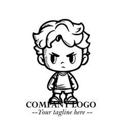 Black and White Chibi Boy Illustration with Jacket and Boots in Bold Thick Line Art Minimal Style
