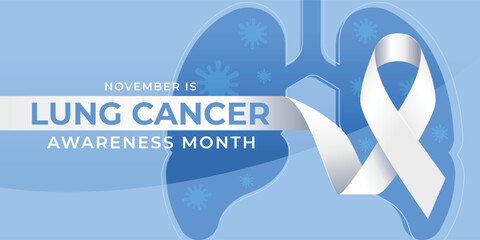 Lung cancer awareness month - White ribbon to long line on blue lung with cancer cell sign background vector design