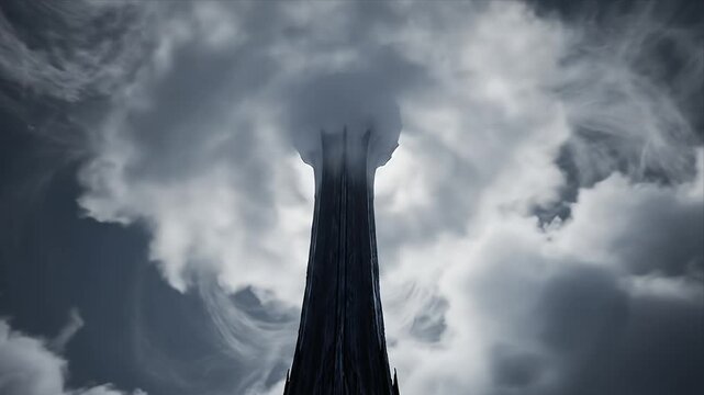 Epic Dark Fantasy Tower Piercing Through Swirling Stormy Clouds and Overcast Sky a Mysterious Gothic Spire Reaching into the Dramatic Weather