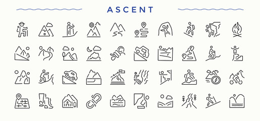 Ascent icon set. Sign and Symbol. Editable vector. Camping icon collection. Contains outline symbols like outdoor, hike, campfire, adventure, camp, mountain and more.
