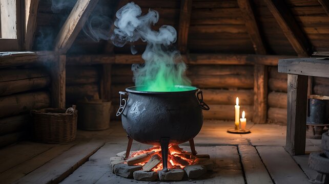 Mysterious green potion bubbles and steams from a rustic cauldron over a crackling fire in a dimly lit wooden cabin