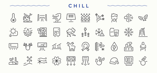 Chill modern icon set. Includes symbols for air, condition, cool, wind, vent, ventilation. Editable stroke collections. Cooling icon set. © Rubbble