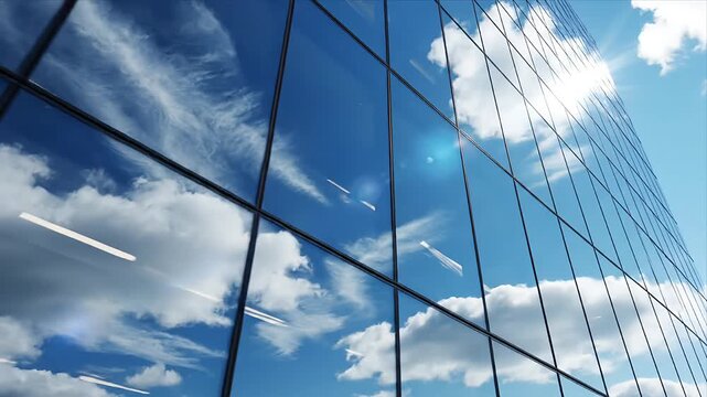 Dynamic reflections of a vibrant blue sky with fluffy white clouds and shining sun on a contemporary glass skyscraper facade creating a serene urban backdrop