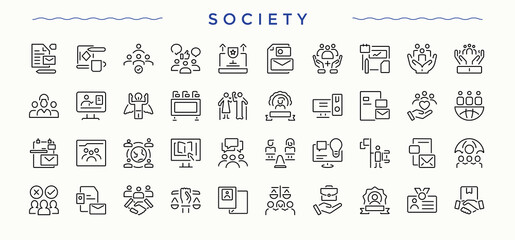 Society line icon set. Thin outline icons pack. Vector illustration. Corporate related icon set. Related to social, corporate, organisation, friends, public and more.