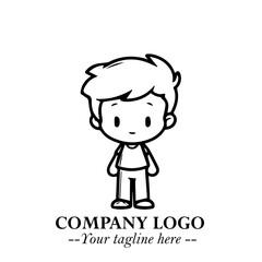 Black and White Chibi Boy Illustration with Jacket and Boots in Bold Thick Line Art Minimal Style
