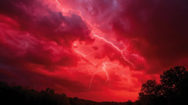 Stunning red sky with dramatic lightning bolts illuminating dark storm clouds
