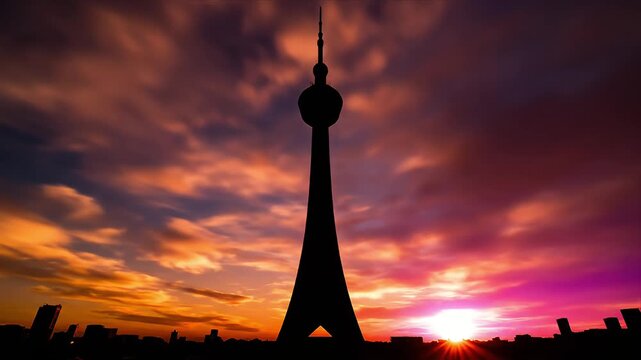 Dramatic TV Tower Silhouette at Sunset Over Vibrant City Skyline with Epic Clouds and Sunburst Rays Colorful Evening Sky at Golden Hour