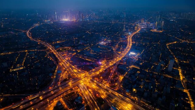 Dusk hitting multilevel interchange causing streetlights activating and vehicles leaving trails