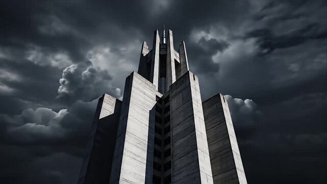 Dramatic lightning strike illuminates a towering brutalist building under a dark stormy sky showcasing modern concrete architecture during a powerful