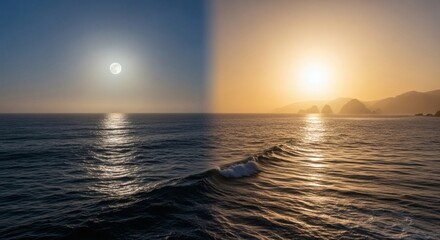 A striking ocean landscape bisected, showcasing moonlit night & golden sunrise