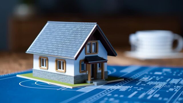 Blueprints and Model House on Wooden Table for Home Design Inspiration and Architecture Concepts