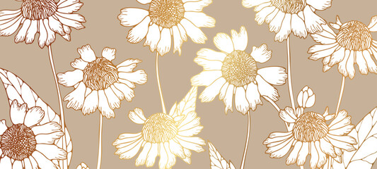 Golden daisies vector luxury floral design wallpapers, covers, greeting cards. Floral art for wall decoration