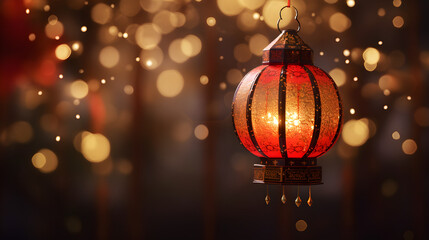 Red Chinese lantern glowing on festive bokeh background — traditional Asian New Year decoration